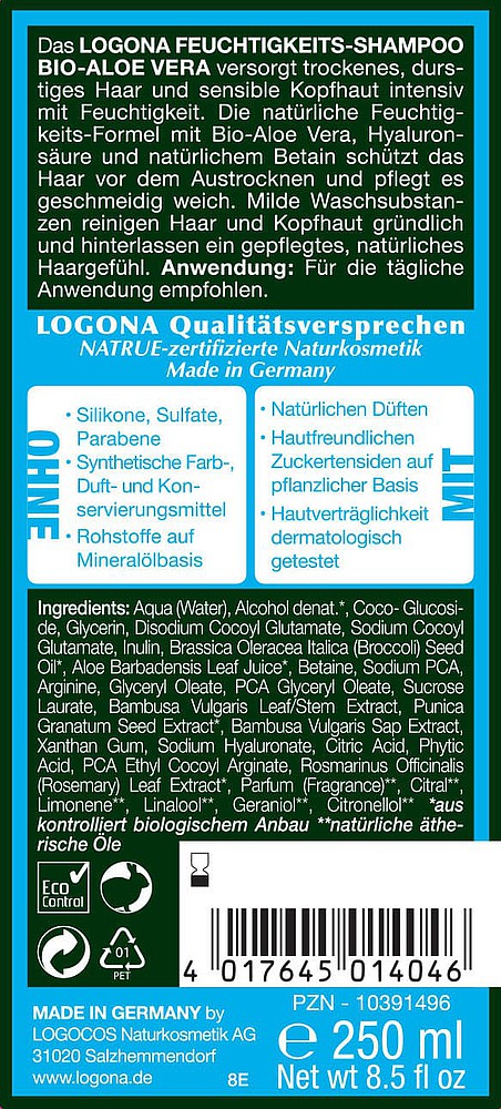LOGONA Šampon na vlasy hydratační Aloe Vera 250 ml.