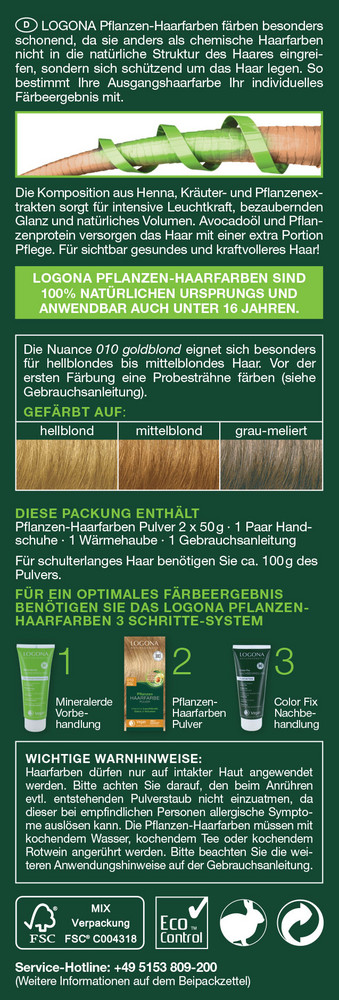 LOGONA rostlinná Barva na vlasy 010 Zlatá blond 100 gr.